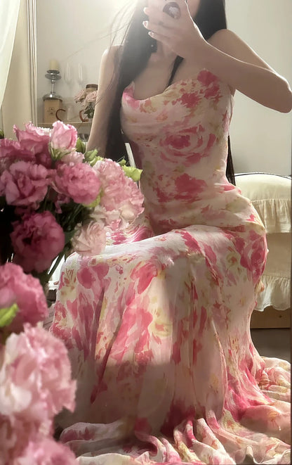 Elegantes & Ätherisches Meerjungfrauenkleid mit Spaghettiträgern, pinkem Blumenmuster, aus Chiffon, ärmellos, für Gala, Schönheitswettbewerb, Ballkleider MP1140