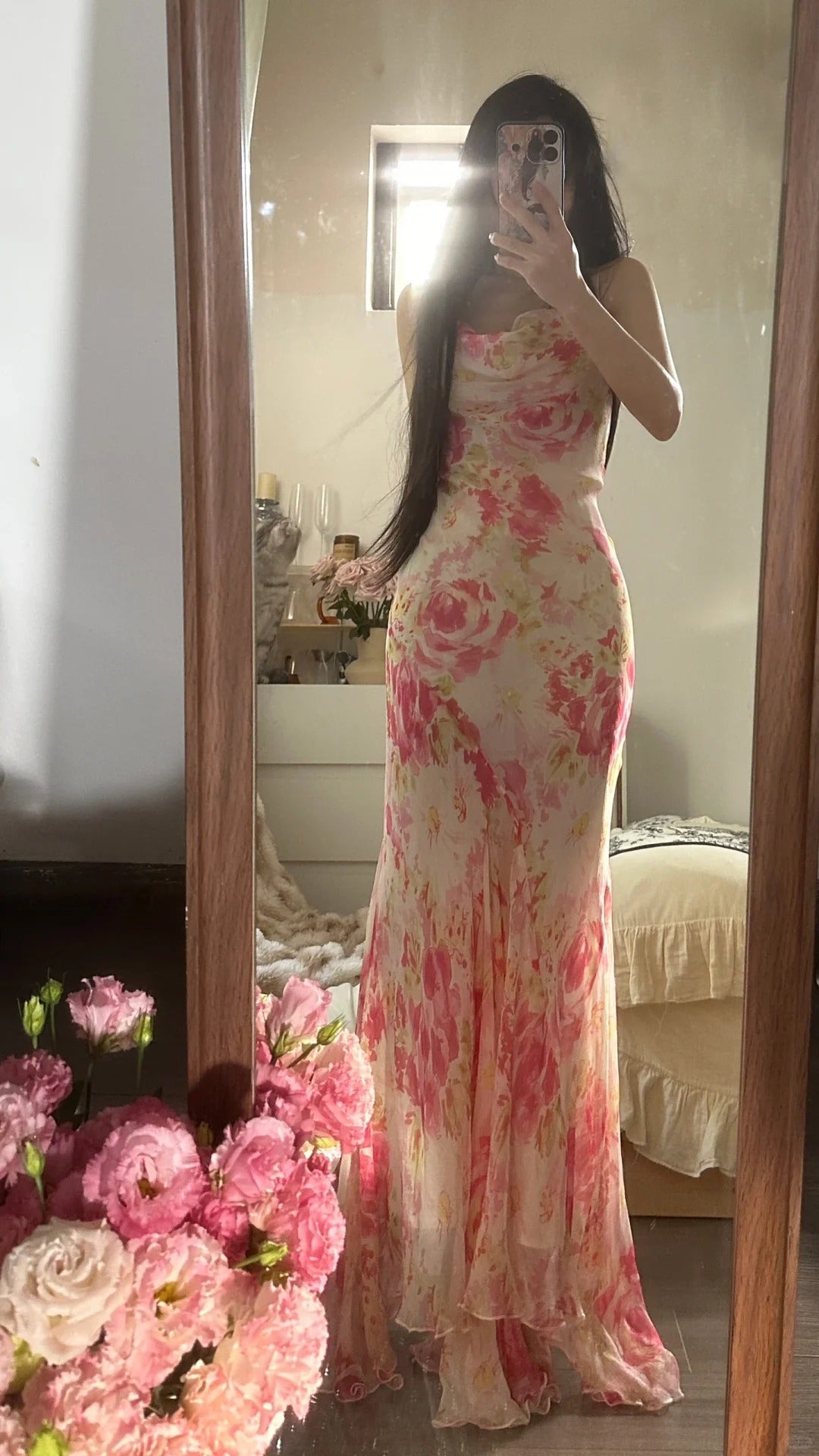 Elegantes & Ätherisches Meerjungfrauenkleid mit Spaghettiträgern, pinkem Blumenmuster, aus Chiffon, ärmellos, für Gala, Schönheitswettbewerb, Ballkleider MP1140