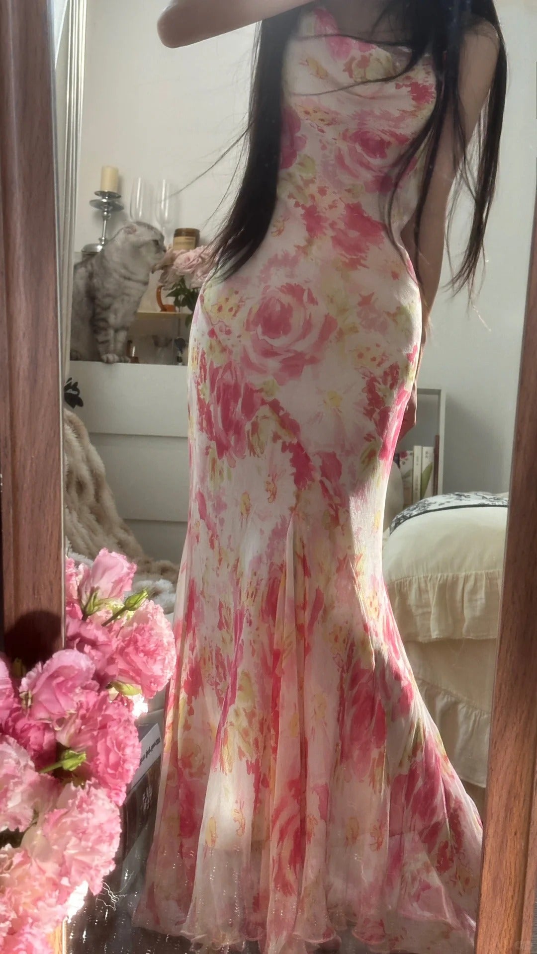 Elegantes & Ätherisches Meerjungfrauenkleid mit Spaghettiträgern, pinkem Blumenmuster, aus Chiffon, ärmellos, für Gala, Schönheitswettbewerb, Ballkleider MP1140