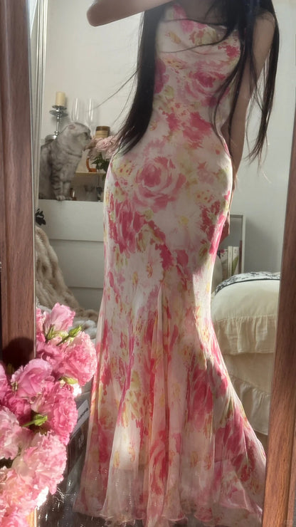 Elegantes & Ätherisches Meerjungfrauenkleid mit Spaghettiträgern, pinkem Blumenmuster, aus Chiffon, ärmellos, für Gala, Schönheitswettbewerb, Ballkleider MP1140