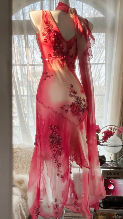 Robe de soirée asymétrique en mousseline florale rose col en V sirène féérique sans manches pour bal de promo MP986