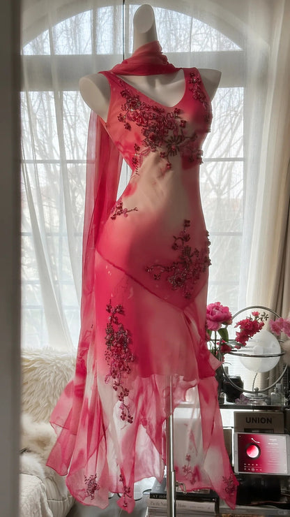 Robe de soirée asymétrique en mousseline florale rose col en V sirène féérique sans manches pour bal de promo MP986