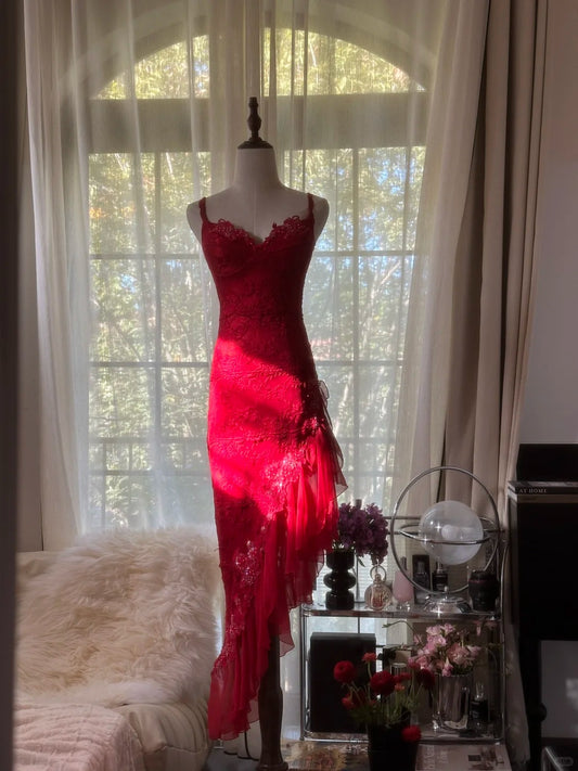Classy Sheath Spaghetti Strap Red Lace Irregular Inspiration Sleeveless Formal Gown Prom Dresses MP1142