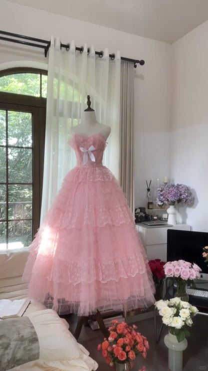 Prinzessin Ballkleid Herzförmiger Ausschnitt Rosa Tüll 1950er Formales Abendkleid Ballkleider MP1056