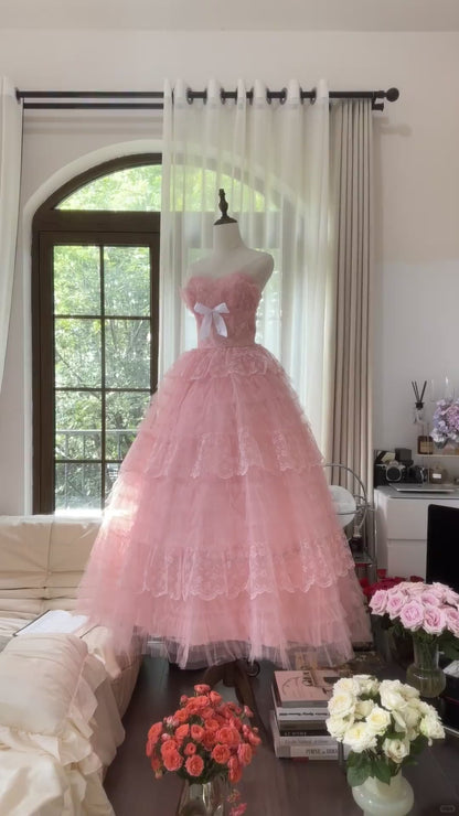 Prinzessin Ballkleid Herzförmiger Ausschnitt Rosa Tüll 1950er Formales Abendkleid Ballkleider MP1056