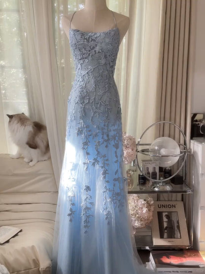 Vintage Mermaid Spaghetti Strap Light Sky Blue Backless Lace Formal Gown Long Evening Night Prom Dresses MP1067