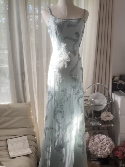 Vintage Mermaid Spaghetti Strap Light Sky Blue Chiffon With Beading Formal Gown Long Evening Prom Dresses MP1072