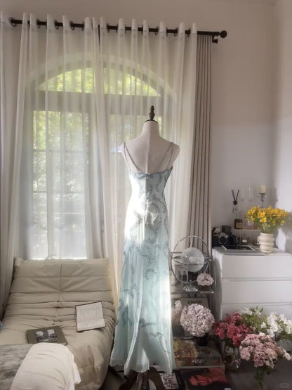 Vintage Mermaid Spaghetti Strap Light Sky Blue Chiffon With Beading Formal Gown Long Evening Prom Dresses MP1072