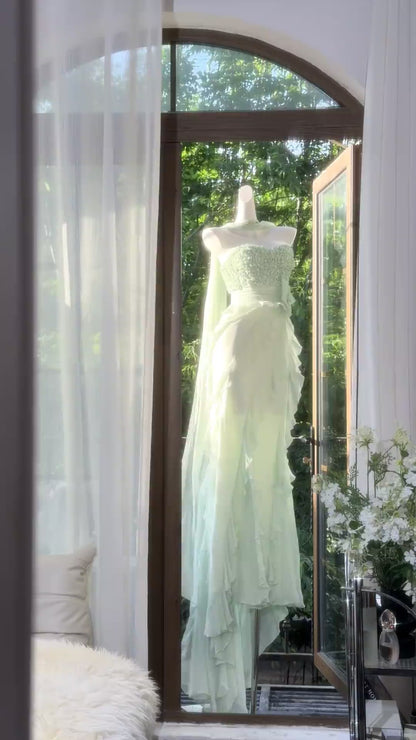 Modest Mermaid Strapless Mint Green Crystals Chiffon Beaded Evening Night Gown Sleeveless Prom Dresses MP1011
