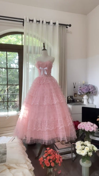 Prinzessin Ballkleid Herzförmiger Ausschnitt Rosa Tüll 1950er Formales Abendkleid Ballkleider MP1056