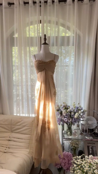 Modest Mermaid Spaghetti Strap Gold Chiffon Floor Length Sleeveless Formal Gown Evening Prom Dresses MP1064