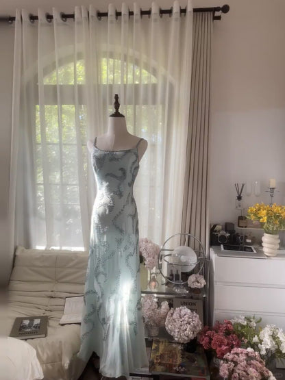 Vintage Mermaid Spaghetti Strap Light Sky Blue Chiffon With Beading Formal Gown Long Evening Prom Dresses MP1072
