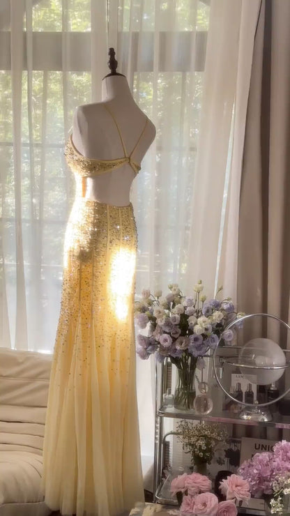 Robe De Soirée Longue Formelle Jaune Sirène Vintage À Bretelles Fines Avec Perles MP1068