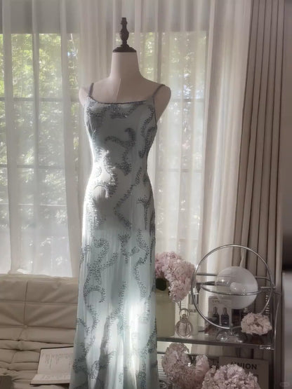 Vintage Mermaid Spaghetti Strap Light Sky Blue Chiffon With Beading Formal Gown Long Evening Prom Dresses MP1072