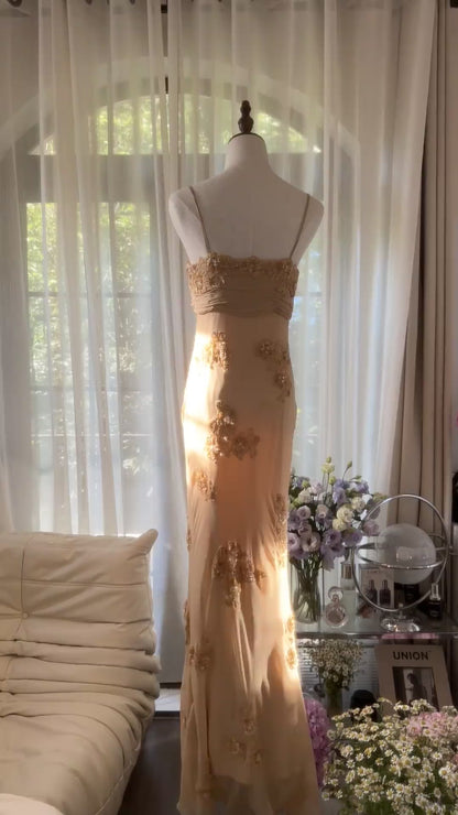 Modest Mermaid Spaghetti Strap Gold Chiffon Floor Length Sleeveless Formal Gown Evening Prom Dresses MP1064