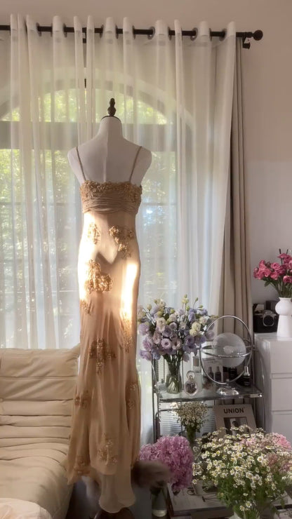 Modest Mermaid Spaghetti Strap Gold Chiffon Floor Length Sleeveless Formal Gown Evening Prom Dresses MP1064