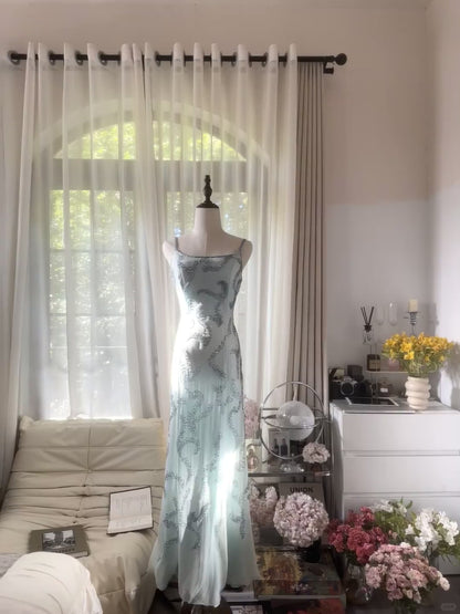 Vintage Mermaid Spaghetti Strap Light Sky Blue Chiffon With Beading Formal Gown Long Evening Prom Dresses MP1072