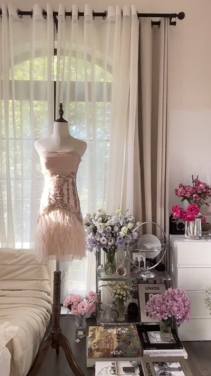 Sexy Homecoming Dresses Strapless Sheath Blush Pink With Feathers Knee Length Party Graduation Outfits MP1069