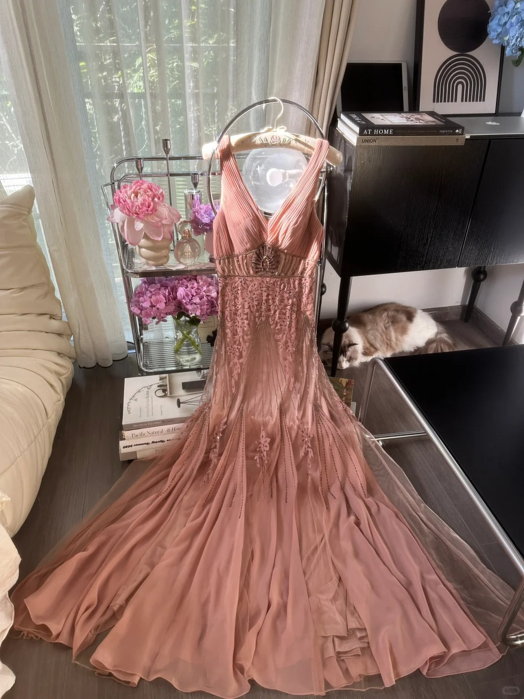 Modest Mermaid V Neck Pink Chiffon Floor Length Sleeveless Chiffon Formal Gown Evening Night Prom Dresses MP1062