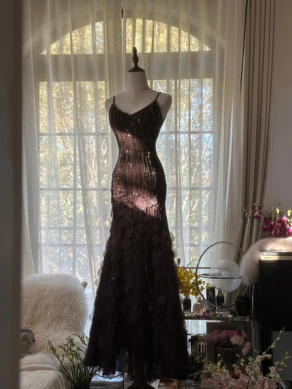 Modest Mermaid Spaghetti Strap Chocolate Chiffon With Crystals Long Sleeveless Formal Gown Evening Prom Dresses MP1086