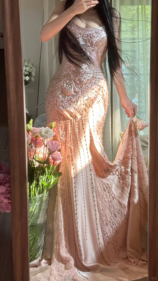 Modest Mermaid Spaghetti Strap Pink Chiffon Floor Length Sleeveless Formal Gown Evening Prom Dresses MP1063