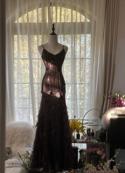 Modest Mermaid Spaghetti Strap Chocolate Chiffon With Crystals Long Sleeveless Formal Gown Evening Prom Dresses MP1086