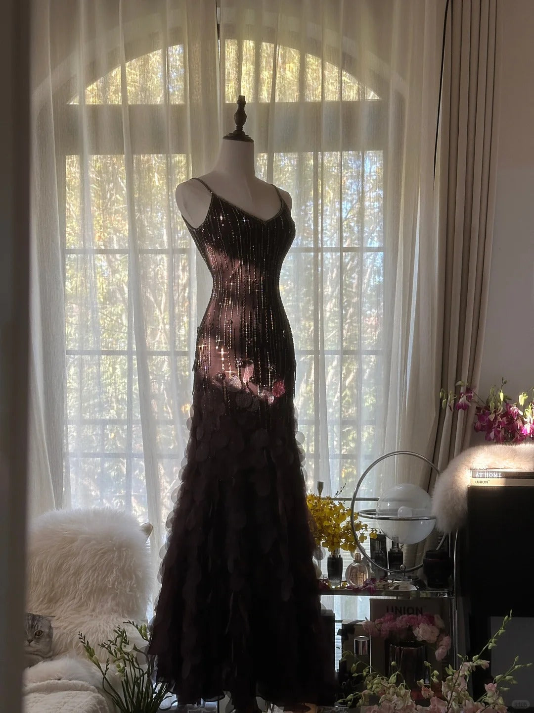 Modest Mermaid Spaghetti Strap Chocolate Chiffon With Crystals Long Sleeveless Formal Gown Evening Prom Dresses MP1086