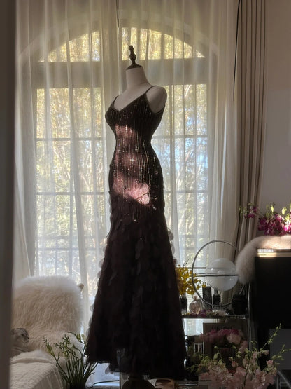 Modest Mermaid Spaghetti Strap Chocolate Chiffon With Crystals Long Sleeveless Formal Gown Evening Prom Dresses MP1086