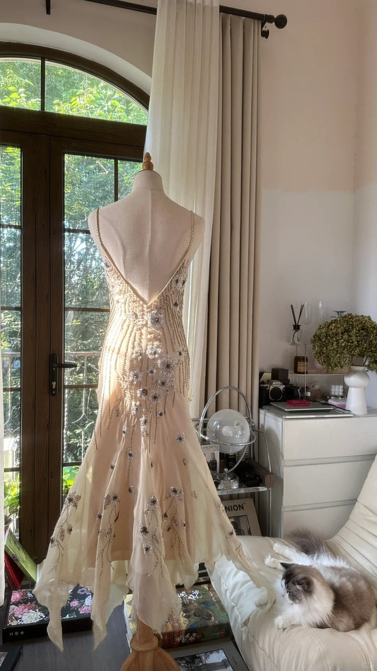 Modest Mermaid Spaghetti Strap Champagne Tea Length Sleeveless Chiffon Formal Gown Evening Night Prom Dresses MP1061