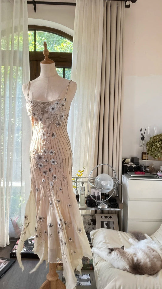 Modest Mermaid Spaghetti Strap Champagne Tea Length Sleeveless Chiffon Formal Gown Evening Night Prom Dresses MP1061