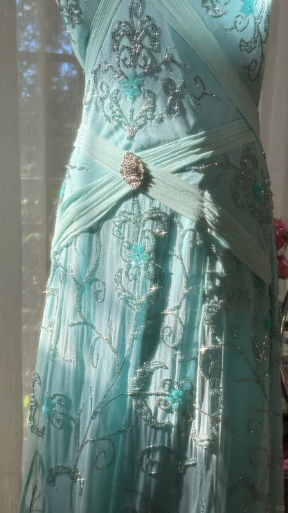 Bescheidene Meerjungfrau-Herz-Ausschnitt-blaues rückenfreies Chiffon-bodenlanges ärmelloses Abendkleid Ballkleider MP1065