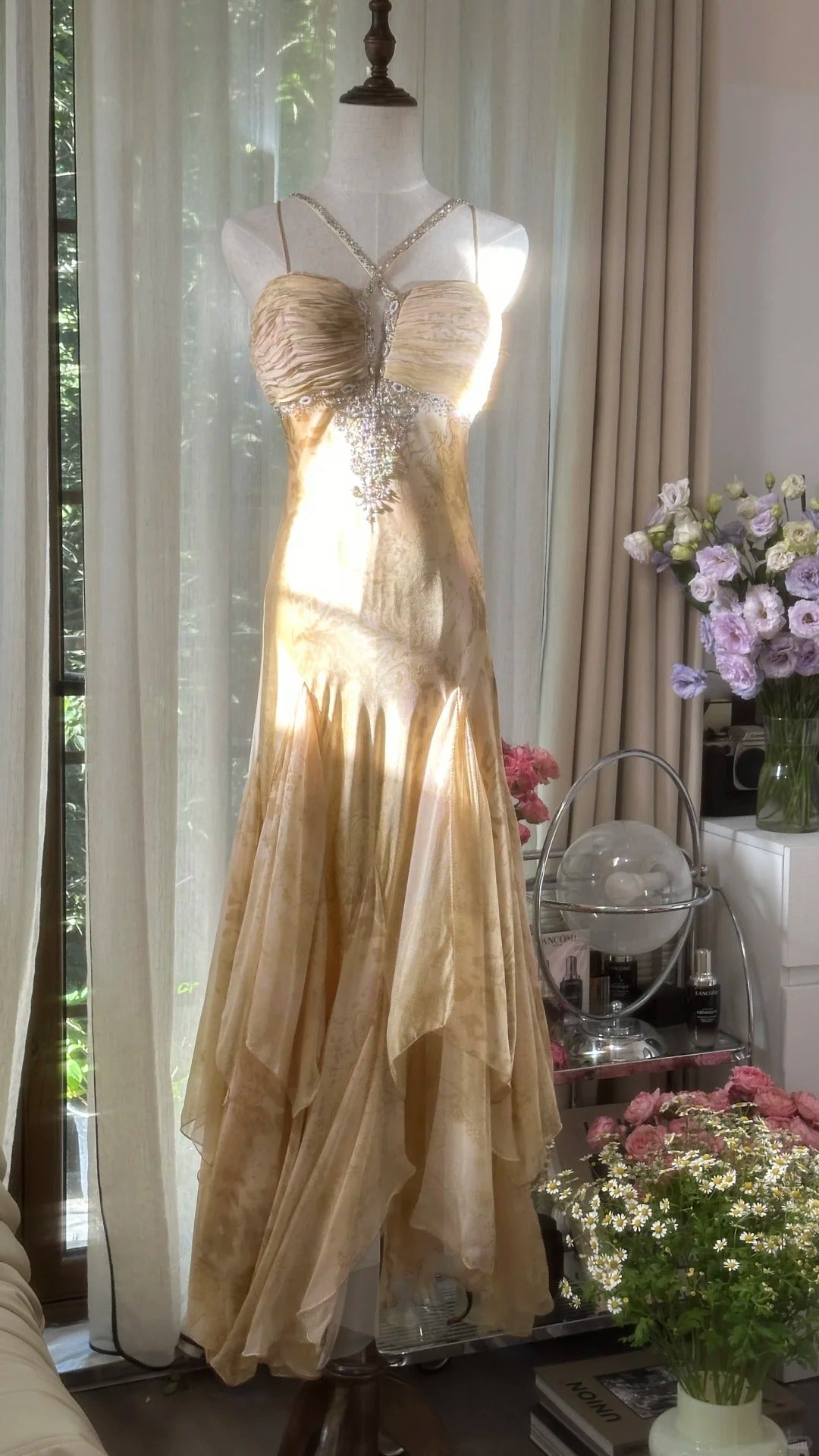 Vintage Mermaid Spaghetti Strap Chiffon With Beaded Gold Formal Gown Long Evening Night Prom Dresses MP1066