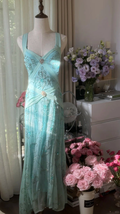 Bescheidene Meerjungfrau-Herz-Ausschnitt-blaues rückenfreies Chiffon-bodenlanges ärmelloses Abendkleid Ballkleider MP1065