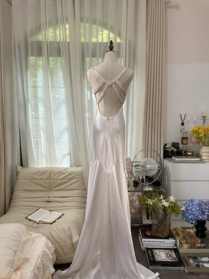Robe de soirée longue Modest Mermaid, dos nu, en satin blanc, bretelles spaghetti, sans manches, MP1076