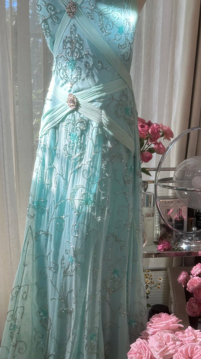 Bescheidene Meerjungfrau-Herz-Ausschnitt-blaues rückenfreies Chiffon-bodenlanges ärmelloses Abendkleid Ballkleider MP1065