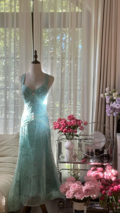 Bescheidene Meerjungfrau-Herz-Ausschnitt-blaues rückenfreies Chiffon-bodenlanges ärmelloses Abendkleid Ballkleider MP1065