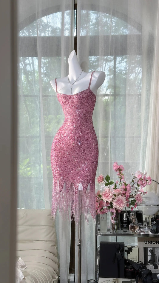 Sparkly Sheath Spaghetti Strap Pink Short Graduation Homecoming 15th Birthday Outfits MP949