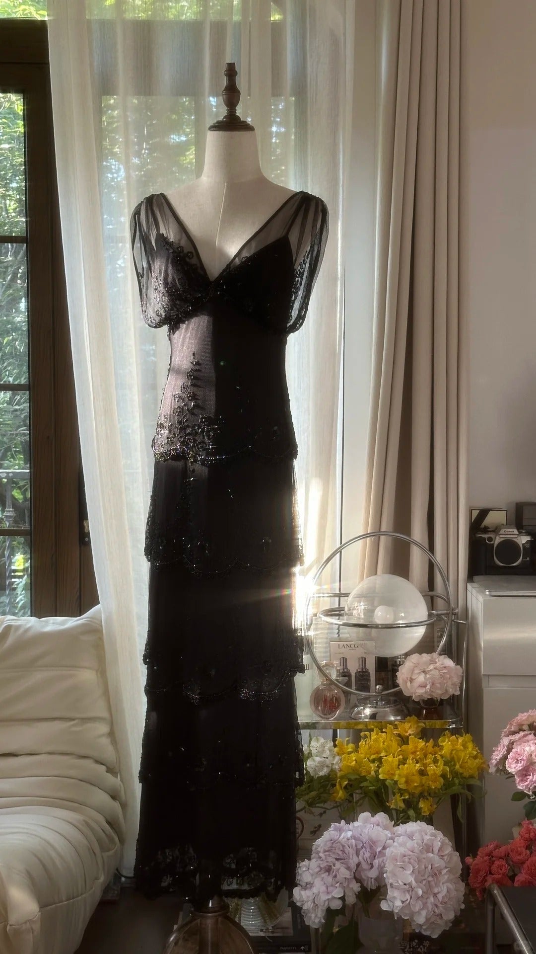 Modest Sheath V Neck Black Tie Dress Chiffon Floor Length Sleeveless Formal Gown Evening Prom Dresses MP1071