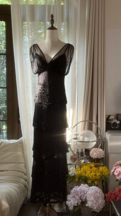 Modest Sheath V Neck Black Tie Dress Chiffon Floor Length Sleeveless Formal Gown Evening Prom Dresses MP1071