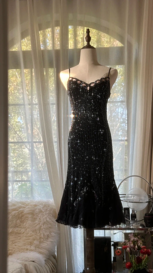 Glitzer Homecoming Kleider Meerjungfrau Spaghettiträger Schwarz Knielang Cocktail Abschlussball Outfits MP1136