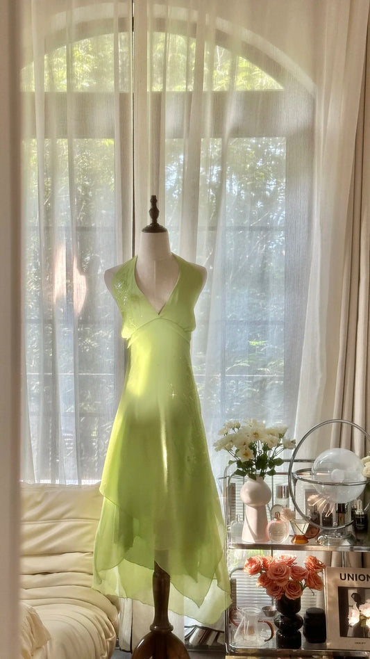 Vintage A line Halter Green Chiffon Formal Gown Tea Length Evening Prom Dresses MP1074