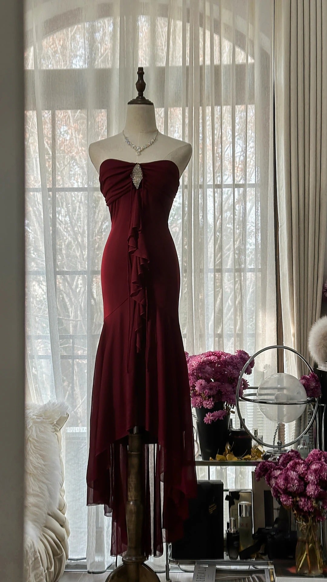 Trendy Mermaid Sweetheart Burgundy Sleeveless Formal Outfits Tea Length Prom Dresses M5P1109
