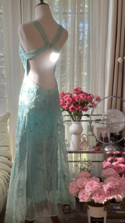 Bescheidene Meerjungfrau-Herz-Ausschnitt-blaues rückenfreies Chiffon-bodenlanges ärmelloses Abendkleid Ballkleider MP1065
