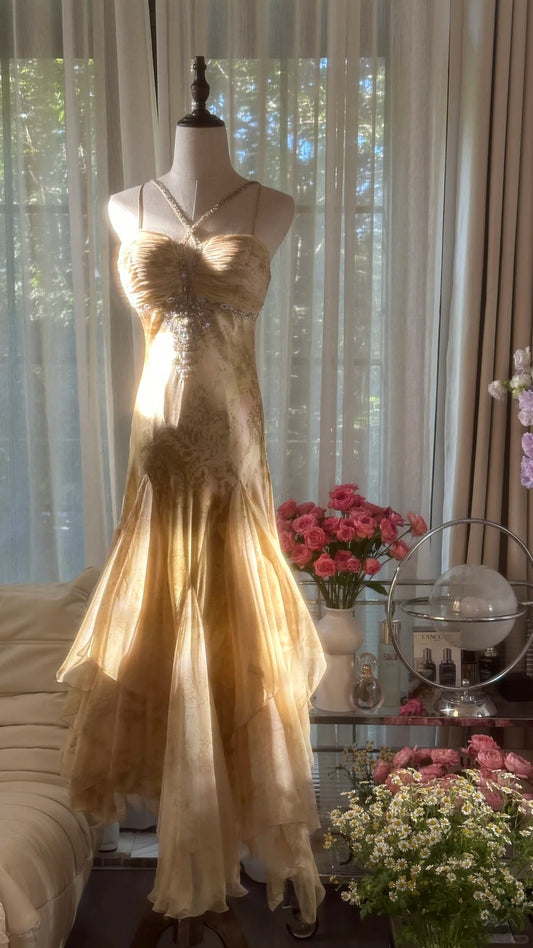 Vintage Mermaid Spaghetti Strap Chiffon With Beaded Gold Formal Gown Long Evening Night Prom Dresses MP1066