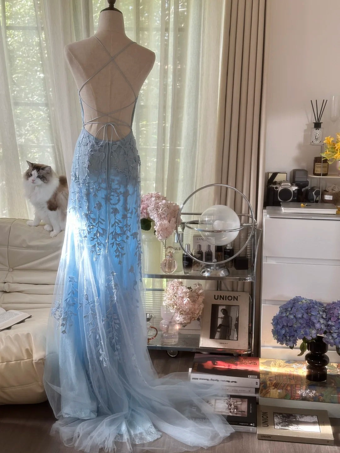 Vintage Mermaid Spaghetti Strap Light Sky Blue Backless Lace Formal Gown Long Evening Night Prom Dresses MP1067