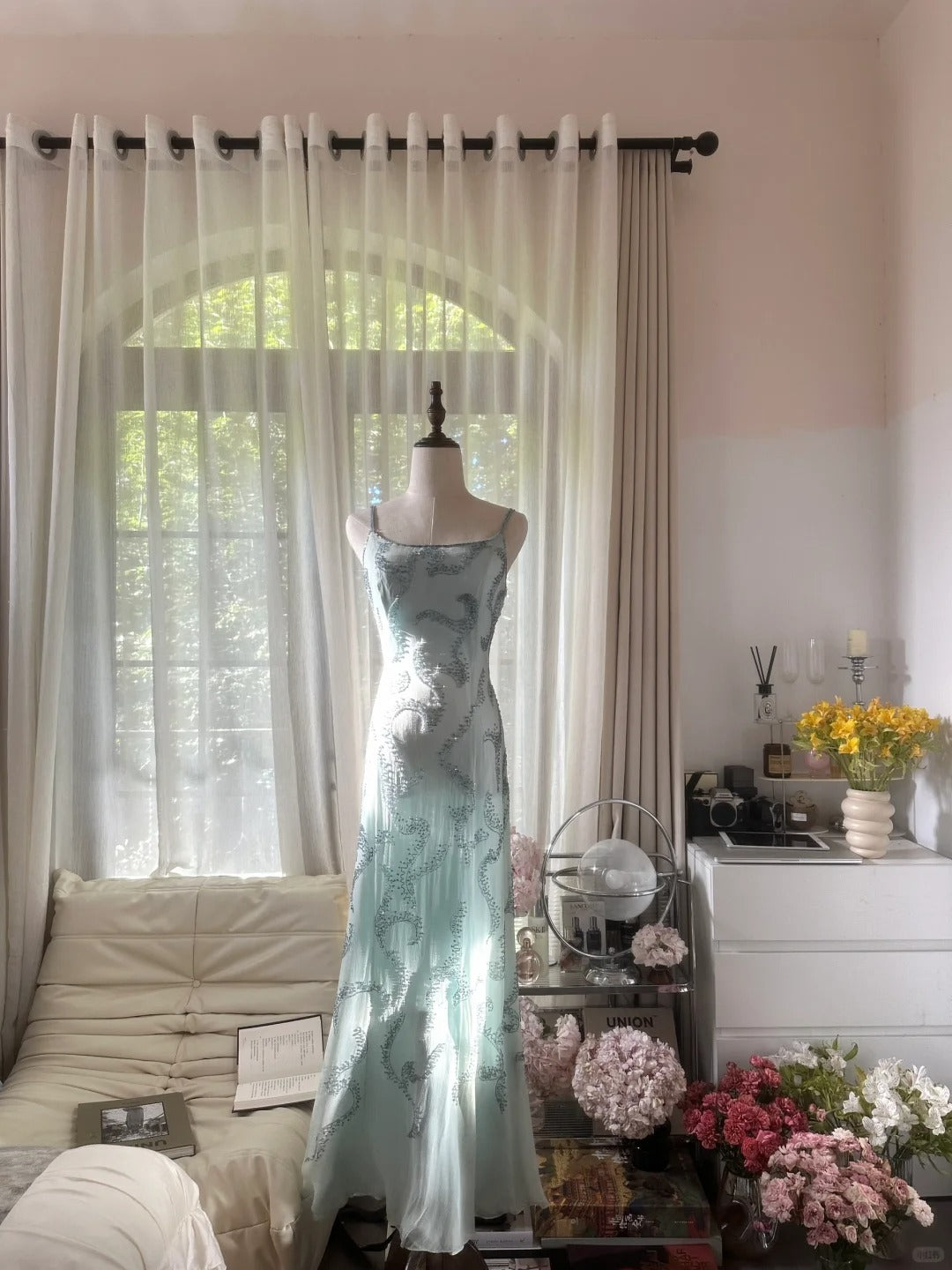 Vintage Mermaid Spaghetti Strap Light Sky Blue Chiffon With Beading Formal Gown Long Evening Prom Dresses MP1072
