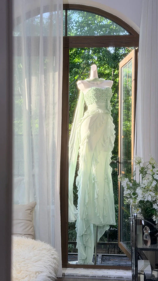 Modest Mermaid Strapless Mint Green Crystals Chiffon Beaded Evening Night Gown Sleeveless Prom Dresses MP1011