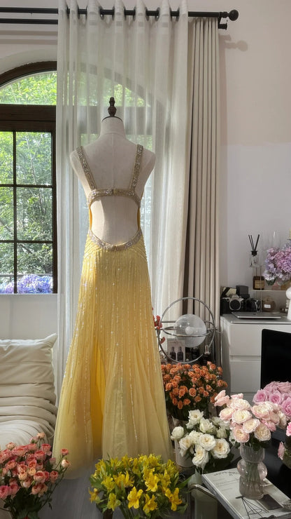 Vintage Meerjungfrau Sweetheart Gelb Rückenfrei Chiffon mit Perlen Abendkleid Lang Ballkleid MP1073