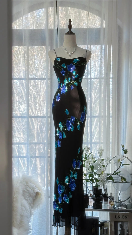 Modest Mermaid Spaghetti Strap Black Chiffon With Beading Formal Gown Floor Length Evening Night Prom Dresses MP1042