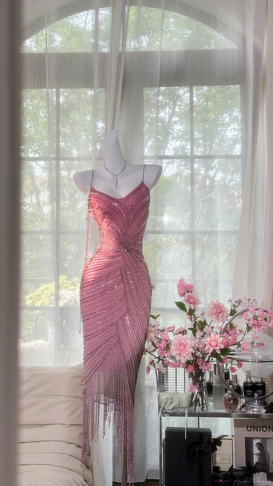 Modest Mermaid Spaghetti Strap Crystals Chiffon Pink Evening Night Gown Sleeveless Prom Dresses MP1008